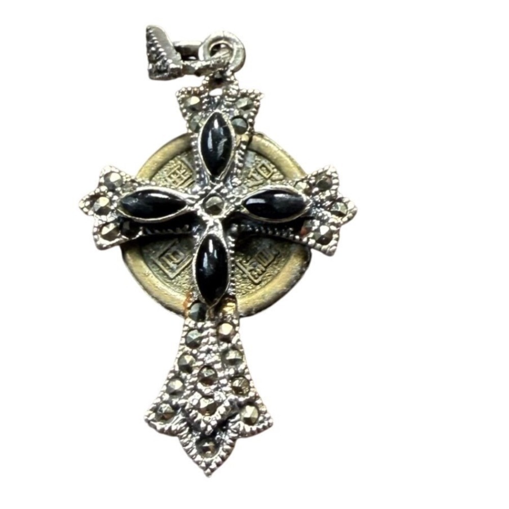 Vintage Cross Pendant Unisex Silver Black Good Marcasite Onyx Coin 1862 1874